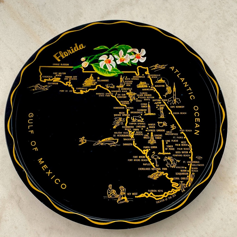 Vintage Florida Black Enamel Metal Tray